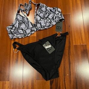 New NWT CCX Black Bikini Swim Set Gray Reptile Snake Print Ring Plus Size M / 18